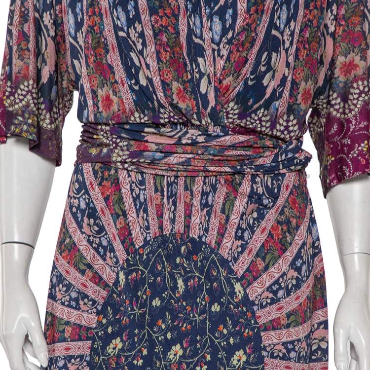 Pre Owned Etro Multicolor Printed Knit Draped Waist Detail Maxi Dress L