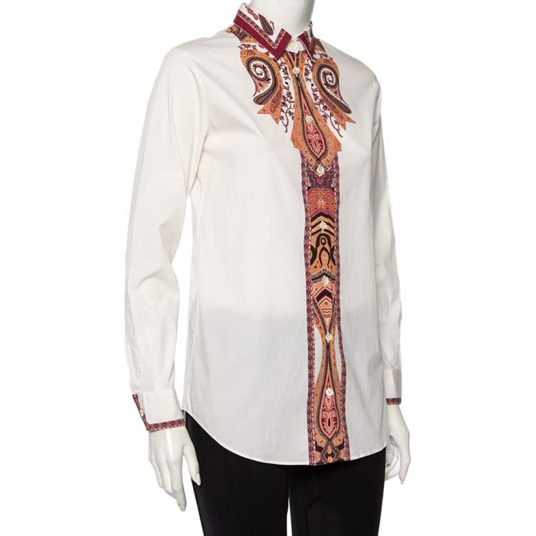 Pre Owned Etro White Paisley Printed Cotton Button Front Shirt M