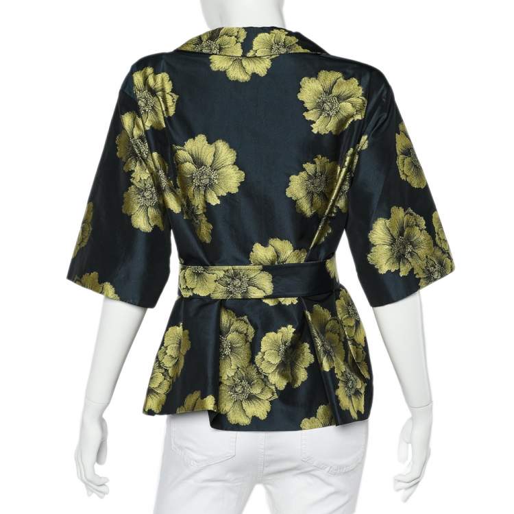 Pre Owned Etro Midnight Blue Floral Silk Jacquard Belted Lightweight Jacket S