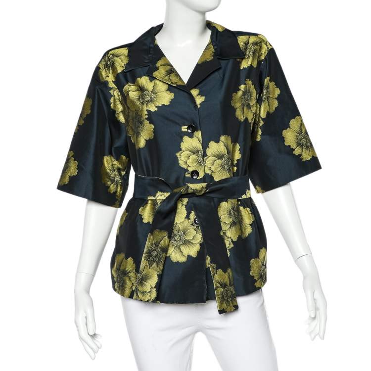 Pre Owned Etro Midnight Blue Floral Silk Jacquard Belted Lightweight Jacket S