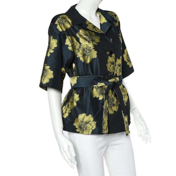 Pre Owned Etro Midnight Blue Floral Silk Jacquard Belted Lightweight Jacket S