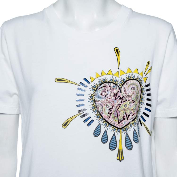 Pre Owned Etro White Paisley & Love Printed Cotton Crewneck T-Shirt L