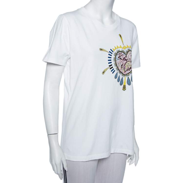 Pre Owned Etro White Paisley & Love Printed Cotton Crewneck T-Shirt L