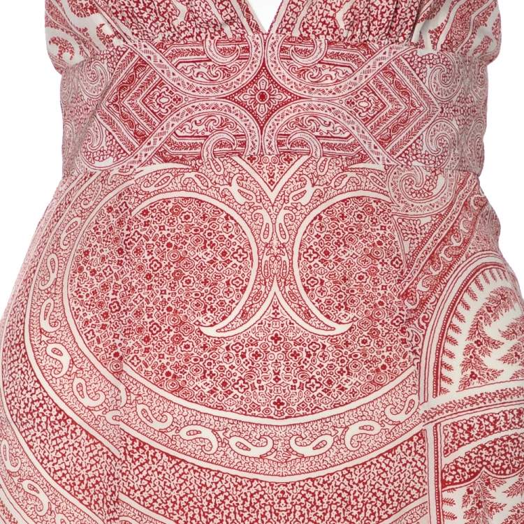 Pre Owned Etro Red & White Printed Silk Halter Neck Flared Maxi Dress S