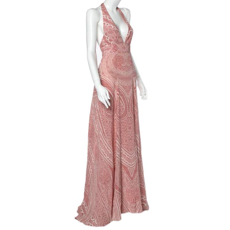 Pre Owned Etro Red & White Printed Silk Halter Neck Flared Maxi Dress S