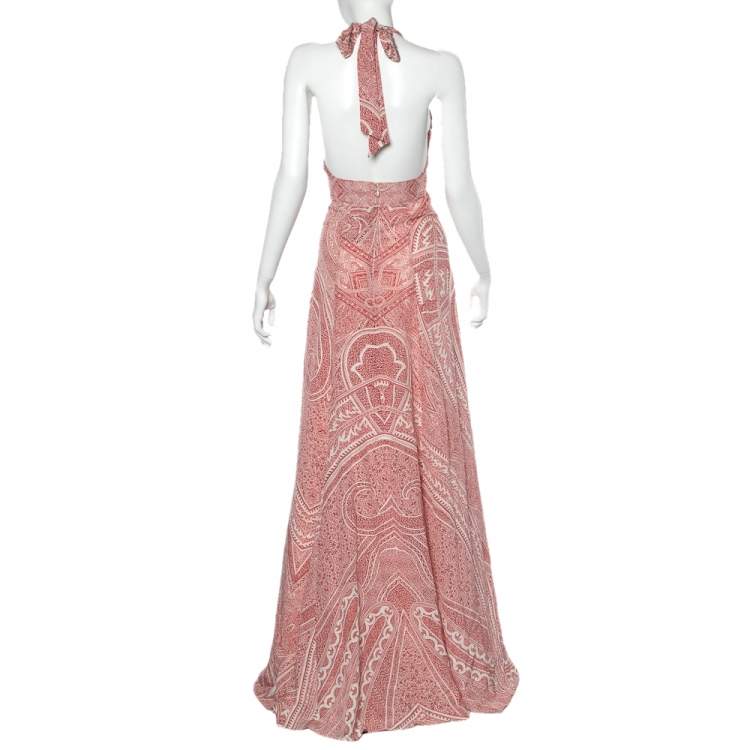 Pre Owned Etro Red & White Printed Silk Halter Neck Flared Maxi Dress S