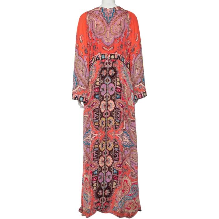 Pre Owned Etro Pink Paisley Printed Silk Long Sleeve Maxi Dress XL