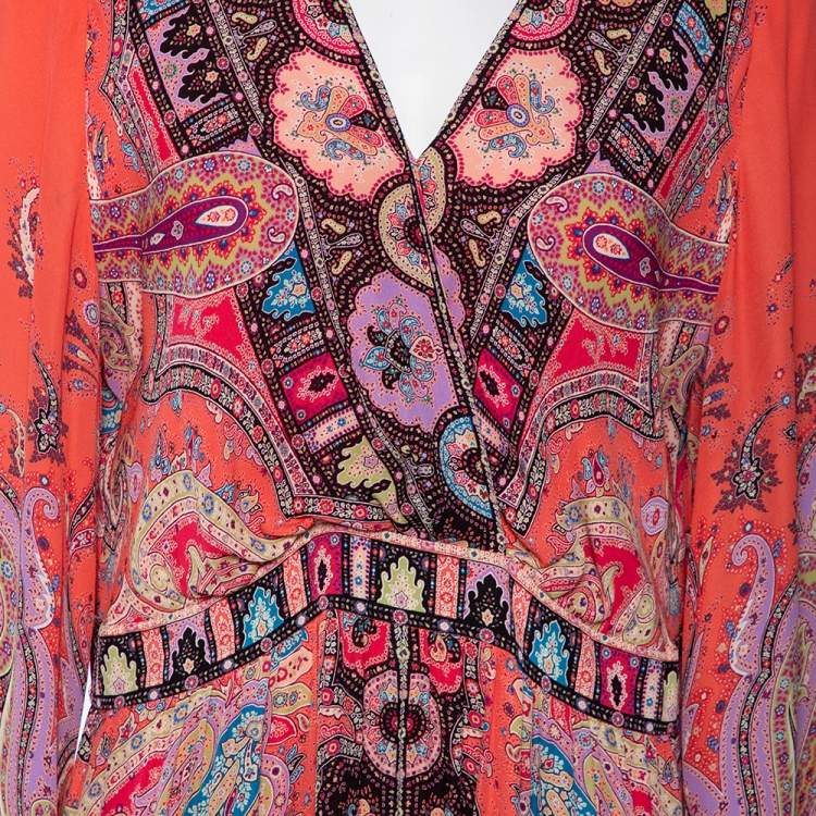 Pre Owned Etro Pink Paisley Printed Silk Long Sleeve Maxi Dress XL