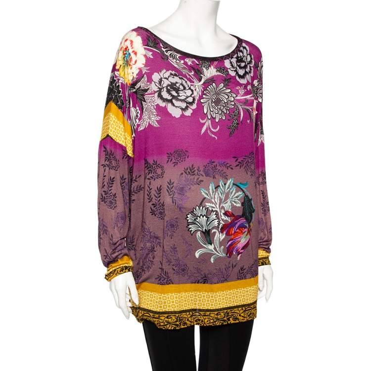 Pre Owned Etro Multicolored Floral Printed Knit Long Sleeve Top L
