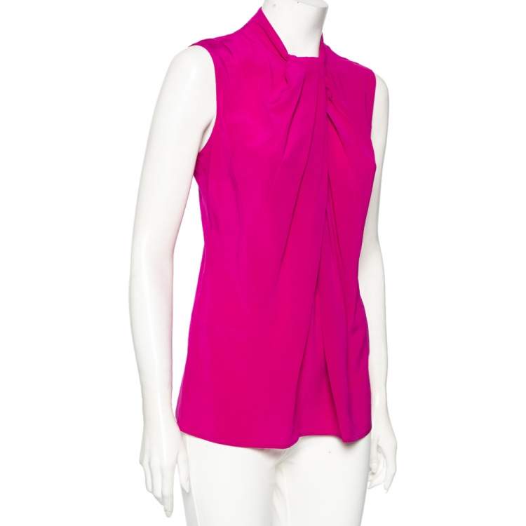 مملوكة مسبقًا Etro Fuchsia Silk Pleated Overlay Yoke Detailed Sleeveless Blouse M
