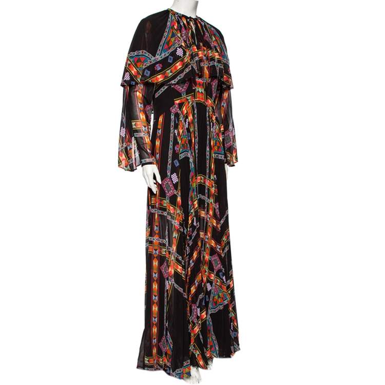 Pre Owned Etro Black Printed Georgette Cinched Waist Detailed Pleated Maxi Dress L