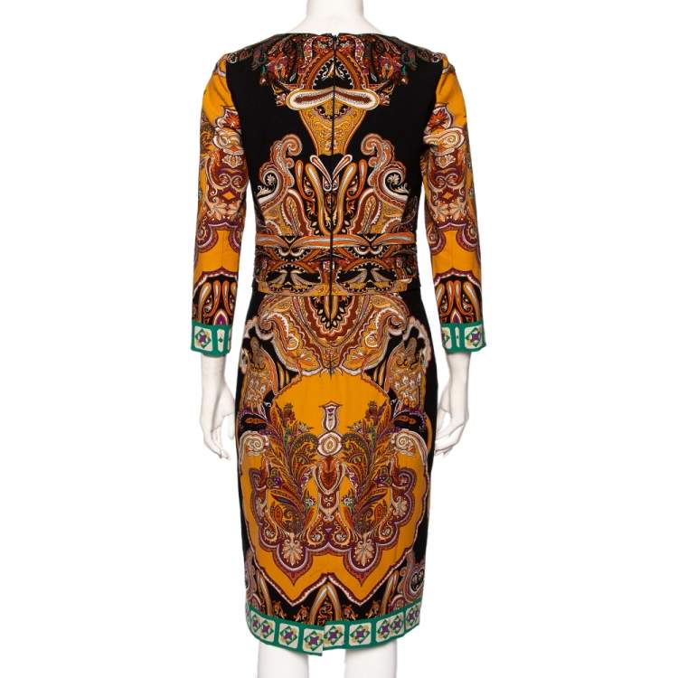 Pre Owned Etro Multicolor Paisley Printed Wool Pleated Waist Detail Sheath Dress M