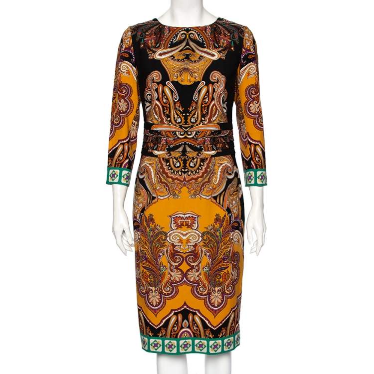 Pre Owned Etro Multicolor Paisley Printed Wool Pleated Waist Detail Sheath Dress M