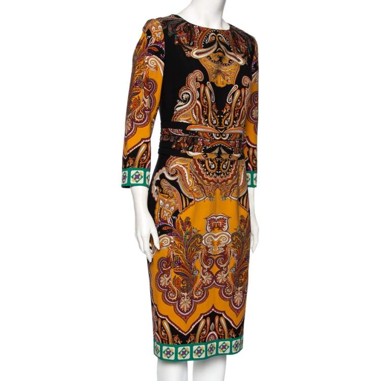 Pre Owned Etro Multicolor Paisley Printed Wool Pleated Waist Detail Sheath Dress M