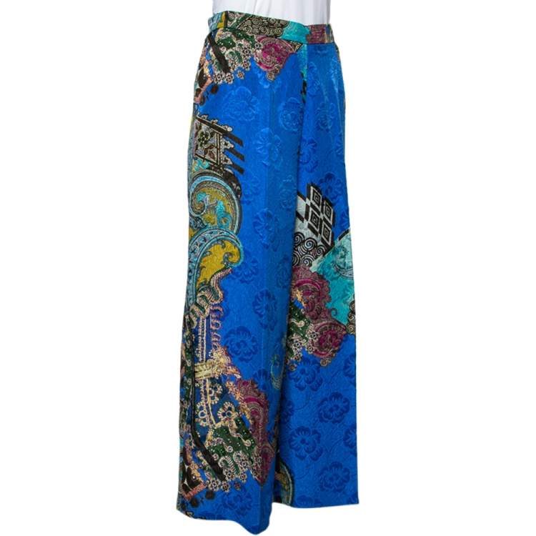 Pre Owned Etro Blue Paisley Print Floral Jacquard Wide Leg Trousers M