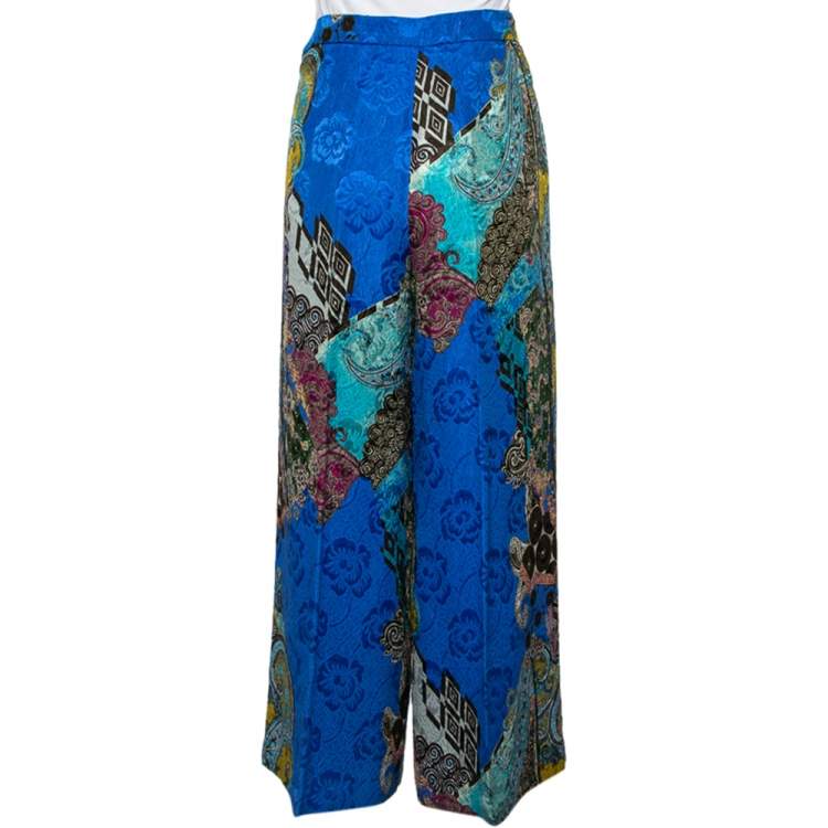 Pre Owned Etro Blue Paisley Print Floral Jacquard Wide Leg Trousers M