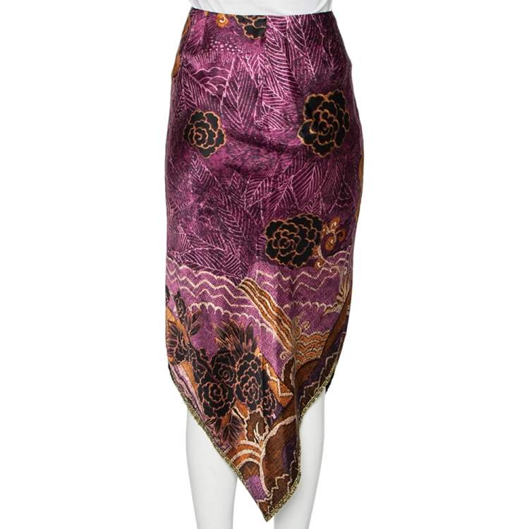 Pre Owned Etro Vintage Purple Floral Printed Satin Asymmetric Hem Midi Skirt M