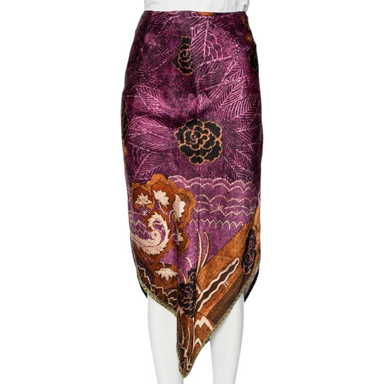 Pre Owned Etro Vintage Purple Floral Printed Satin Asymmetric Hem Midi Skirt M