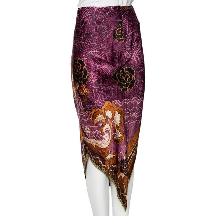 Pre Owned Etro Vintage Purple Floral Printed Satin Asymmetric Hem Midi Skirt M