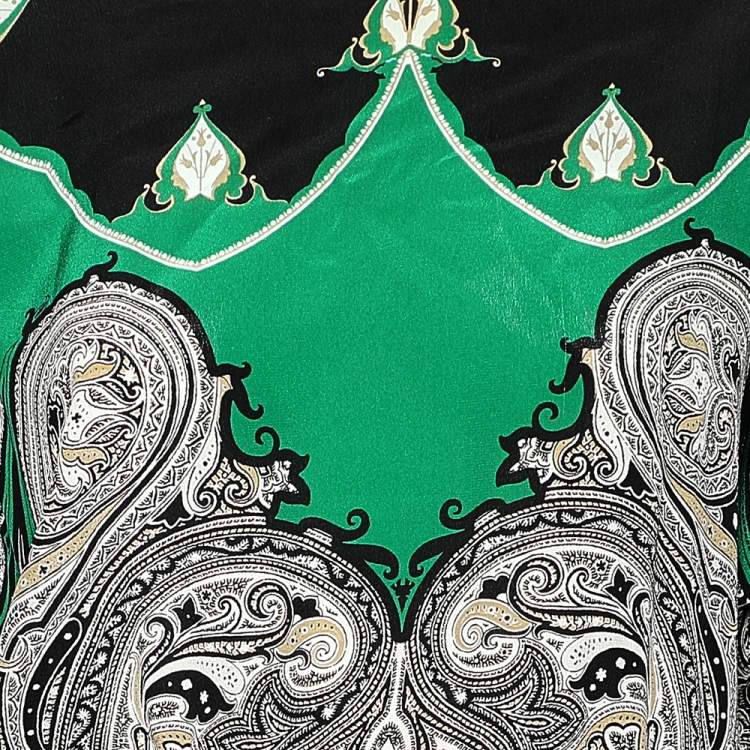 Pre Owned Etro Green Printed Crepe Silk Embellished Maxi Dress M