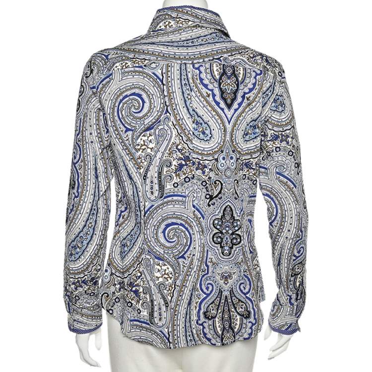 Pre Owned Etro Blue Paisley Printed Cotton Button Front Shirt L