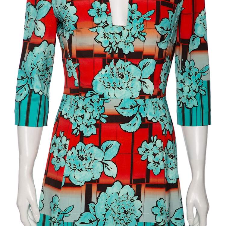 Pre Owned Etro Blue & Orange Floral Printed Crepe Shift Dress M