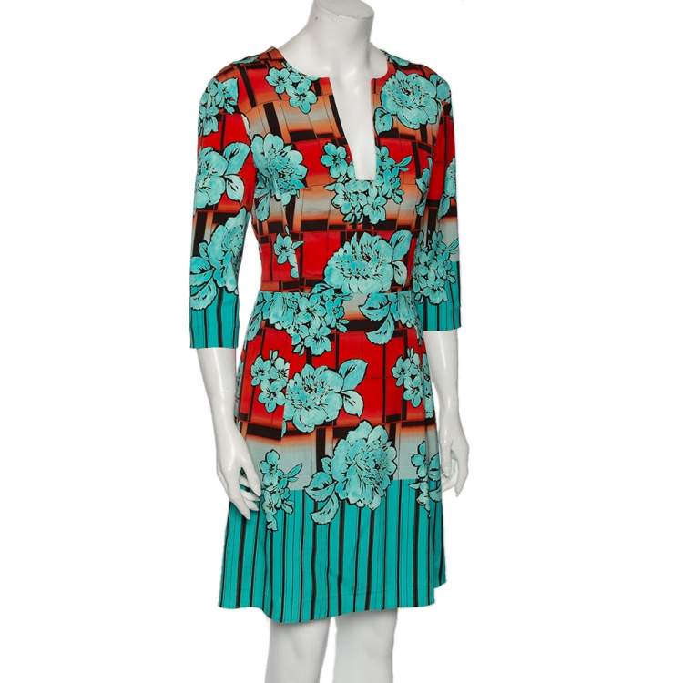 Pre Owned Etro Blue & Orange Floral Printed Crepe Shift Dress M