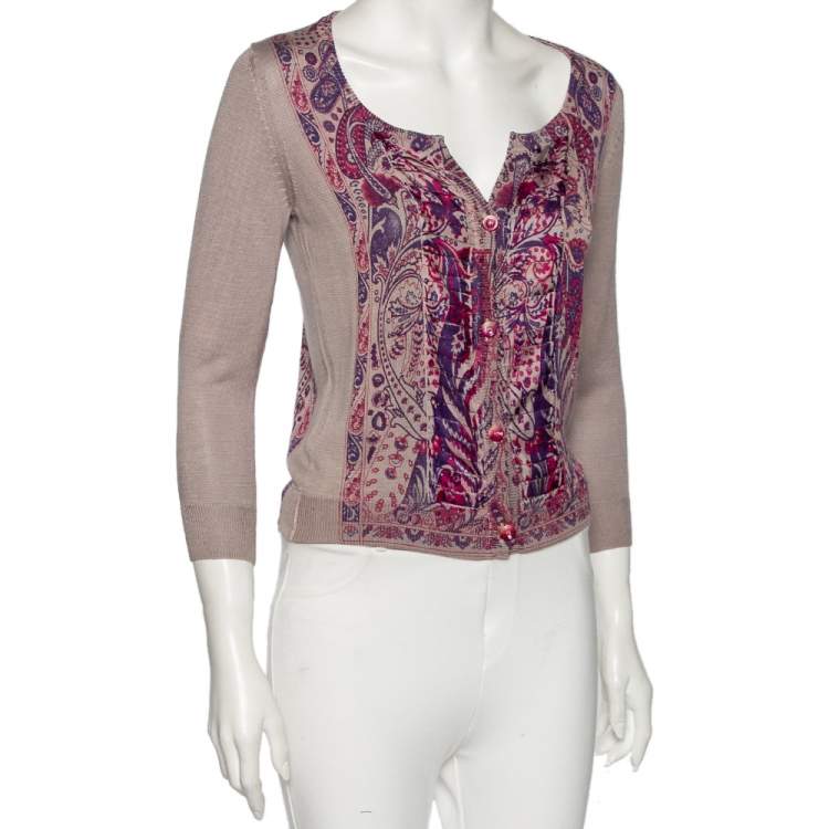 Pre Owned Etro Purple Paisley Printed Silk Knit Button Front Cardigan M