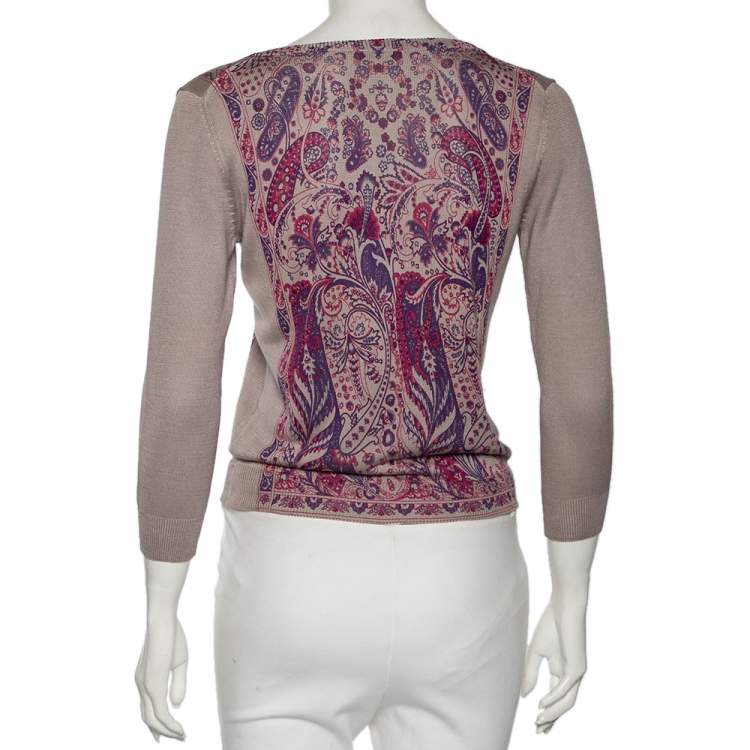 Pre Owned Etro Purple Paisley Printed Silk Knit Button Front Cardigan M