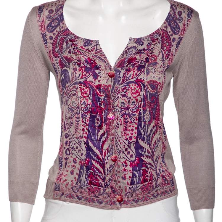 Pre Owned Etro Purple Paisley Printed Silk Knit Button Front Cardigan M