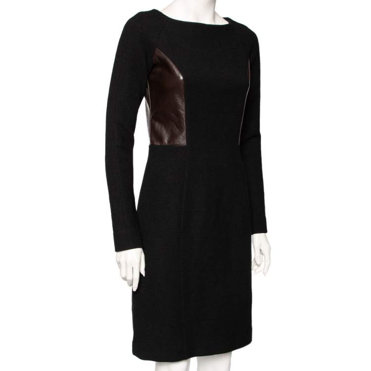 Pre Owned Etro Black Wool & Leather Detailed Long Sleeve Dress M