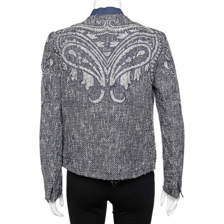 Pre Owned Etro Navy Blue Paisley Tweed Open Front Jacket M