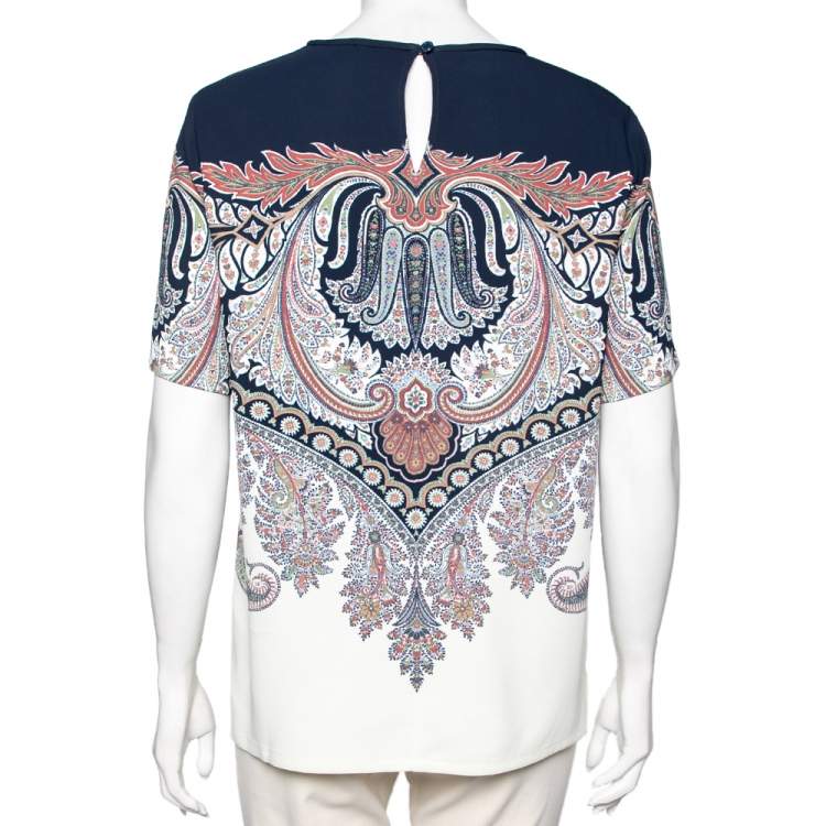 Pre Owned Etro Navy Blue Paisley Printed Crepe Top M
