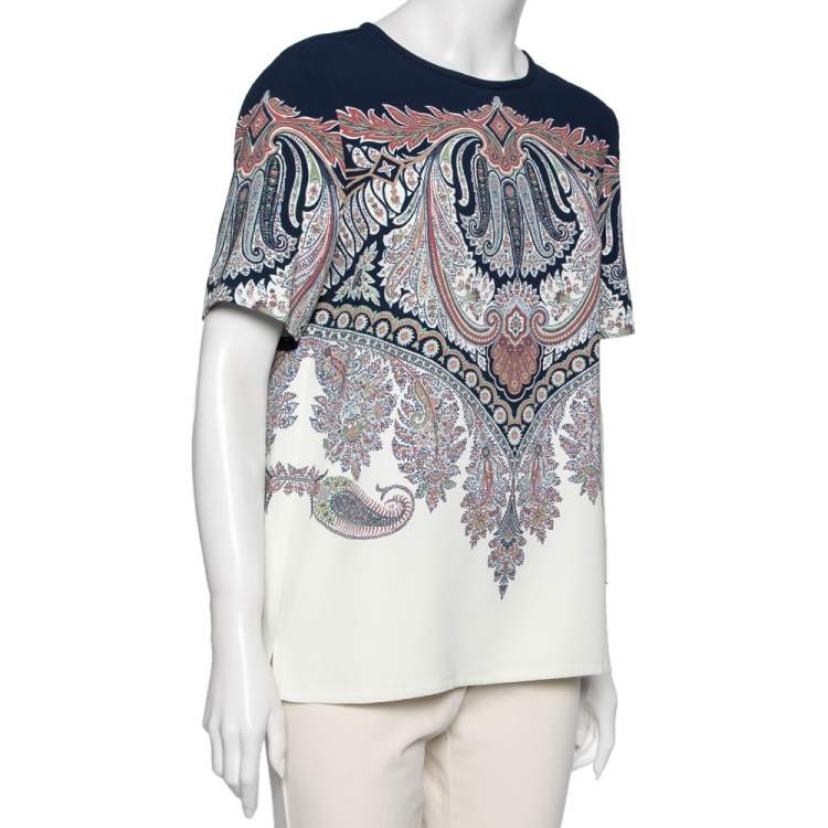 Pre Owned Etro Navy Blue Paisley Printed Crepe Top M