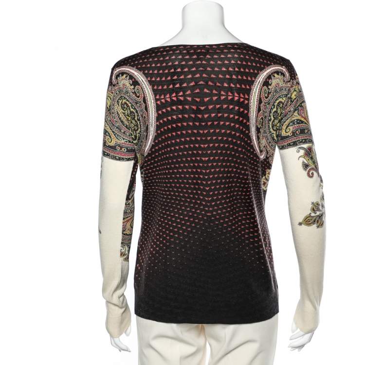 Pre Owned Etro Multicolor Printed Silk & Cashmere Knit Roundneck Sweater L