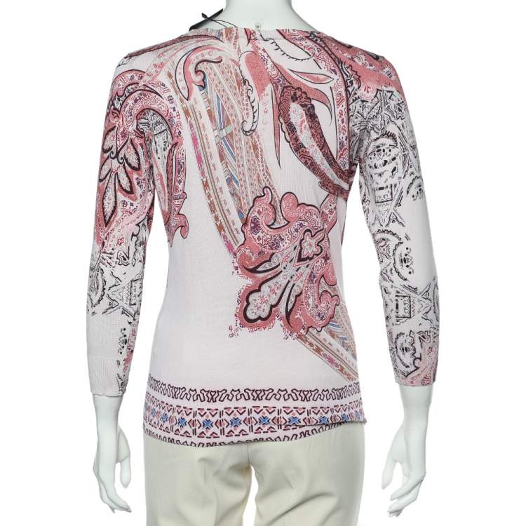 Pre Owned Etro Pink Paisley Printed Silk Knit Sweater L