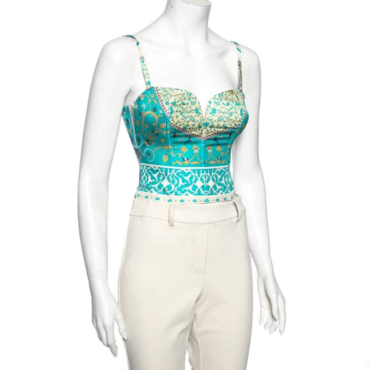 Pre Owned Etro Blue Printed Silk Cropped Bustier Top S