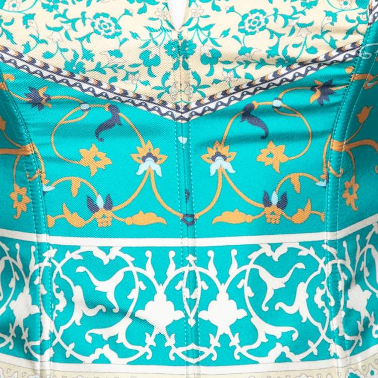 Pre Owned Etro Blue Printed Silk Cropped Bustier Top S