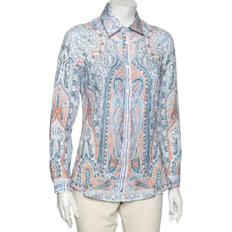 Pre Owned Etro Blue Paisley Printed Ramie Button Front Shirt S