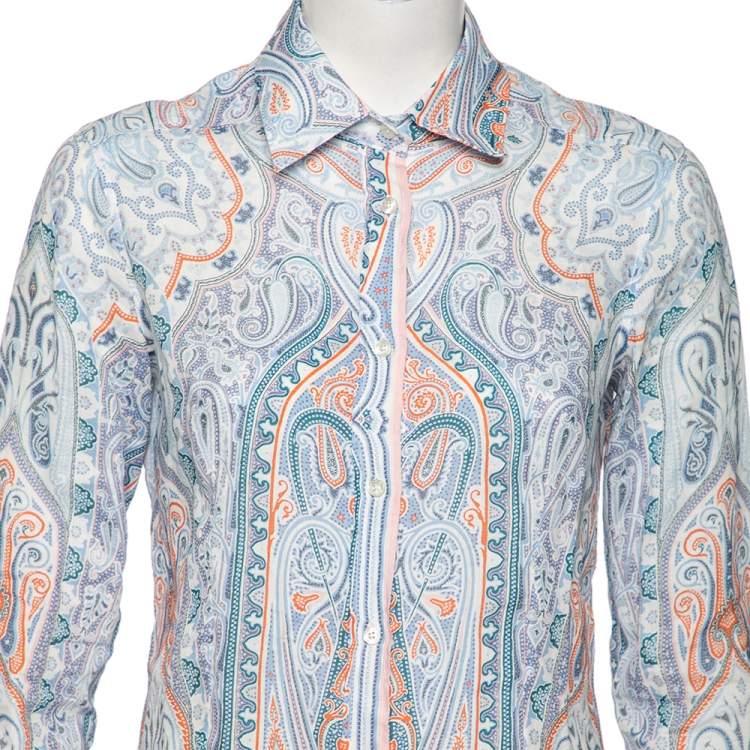 Pre Owned Etro Blue Paisley Printed Ramie Button Front Shirt S