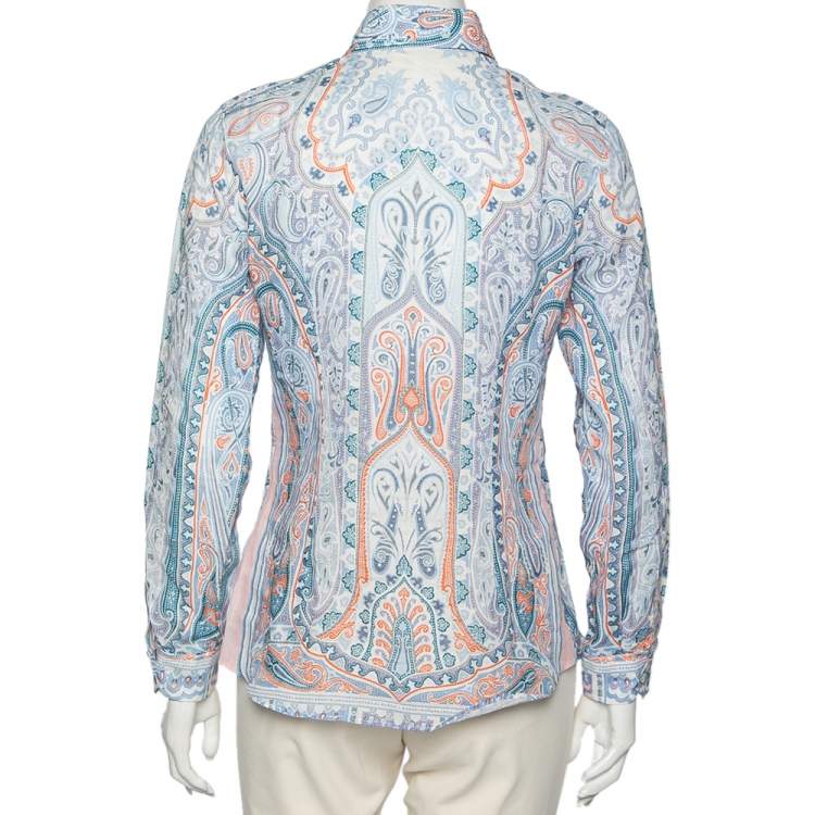 Pre Owned Etro Blue Paisley Printed Ramie Button Front Shirt S