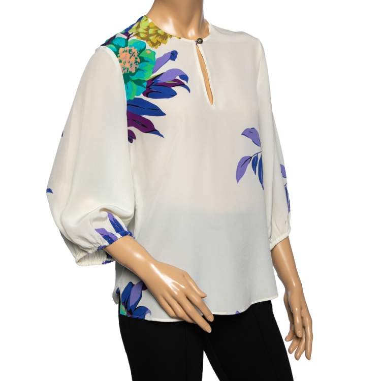 Pre Owned Etro Cream Floral Printed Silk Top M