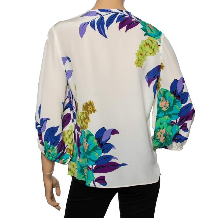 Pre Owned Etro Cream Floral Printed Silk Top M