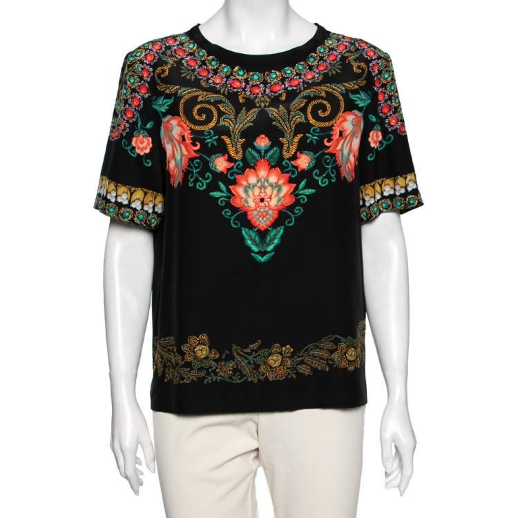 Pre Owned Etro Black Floral Printed Silk Short Sleeve Top M