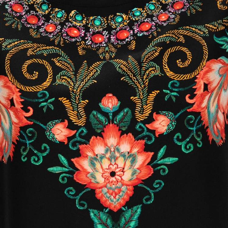 Pre Owned Etro Black Floral Printed Silk Short Sleeve Top M