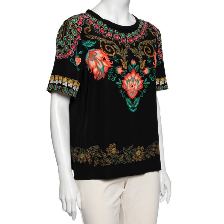 Pre Owned Etro Black Floral Printed Silk Short Sleeve Top M