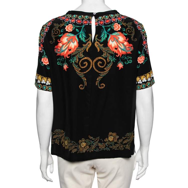 Pre Owned Etro Black Floral Printed Silk Short Sleeve Top M