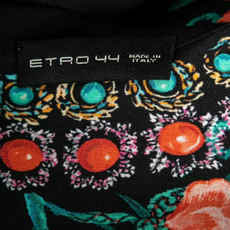 Pre Owned Etro Black Floral Printed Silk Short Sleeve Top M