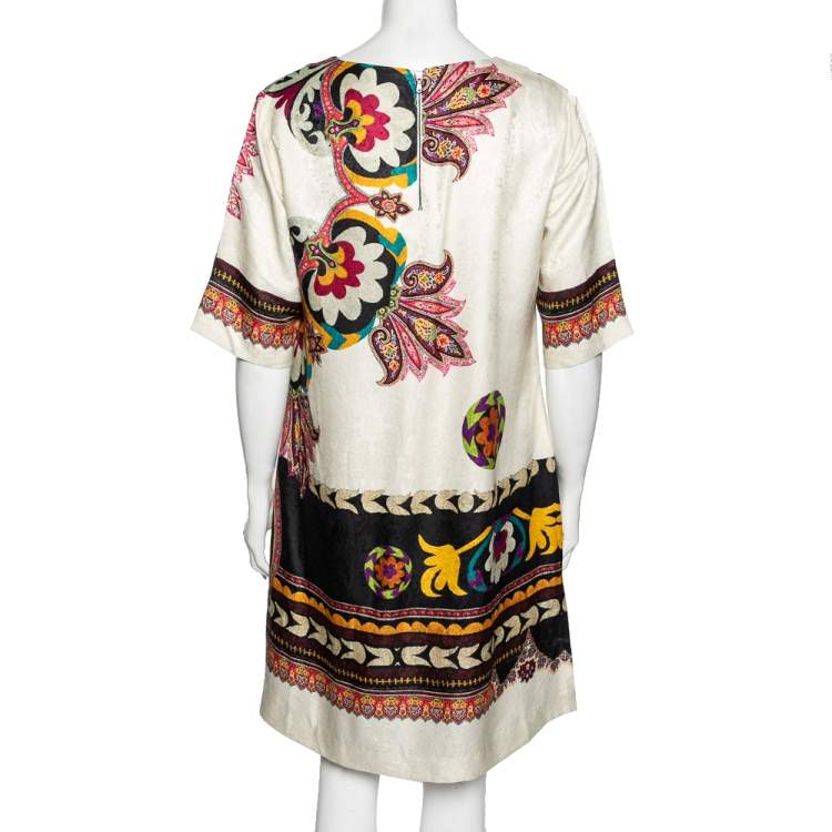 Pre Owned Etro White Printed Silk Blend Shift Dress L