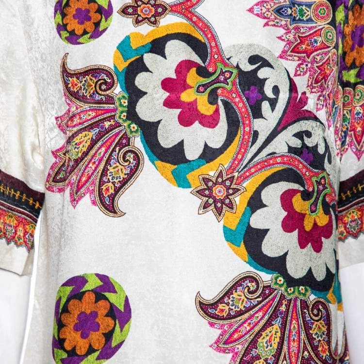 Pre Owned Etro White Printed Silk Blend Shift Dress L